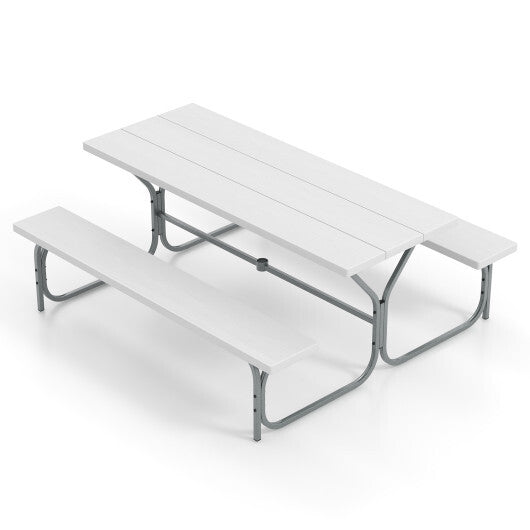 6 FT Picnic Table Bench Set Dining Table and 2 Benches with Metal Frame and HDPE Tabletop-White - Color: White