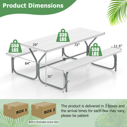 6 FT Picnic Table Bench Set Dining Table and 2 Benches with Metal Frame and HDPE Tabletop-White - Color: White