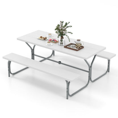 6 FT Picnic Table Bench Set Dining Table and 2 Benches with Metal Frame and HDPE Tabletop-White - Color: White