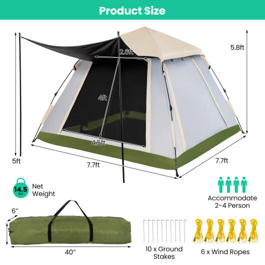 2-4 Person Instant Pop-up Camping Tent with Removable Rainfly - Color: Beige