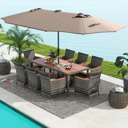 11 Pieces Patio Dining Set with 15 Feet Double-Sided Patio Umbrella Base Included-Tan - Color: Tan - Size: 15 ft