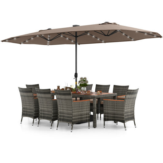 11 Pieces Patio Dining Set with 15 Feet Double-Sided Patio Umbrella Base Included-Tan - Color: Tan - Size: 15 ft