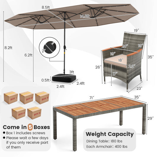 11 Pieces Patio Dining Set with 15 Feet Double-Sided Patio Umbrella Base Included-Tan - Color: Tan - Size: 15 ft