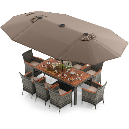 11 Pieces Patio Dining Set with 15 Feet Double-Sided Patio Umbrella Base Included-Tan - Color: Tan - Size: 15 ft