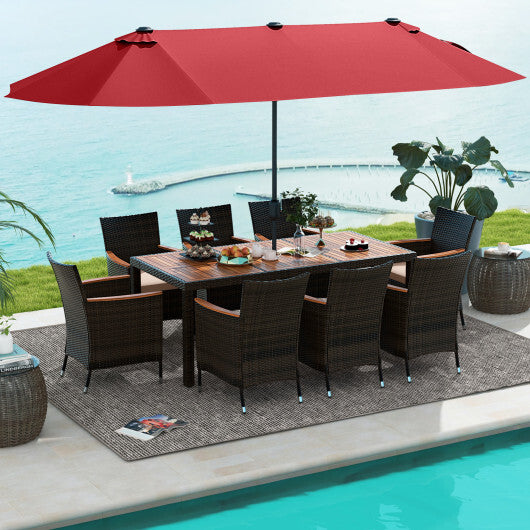 11 Pieces Patio Dining Set with 15 Feet Double-Sided Patio Umbrella and Base-Wine - Color: Wine