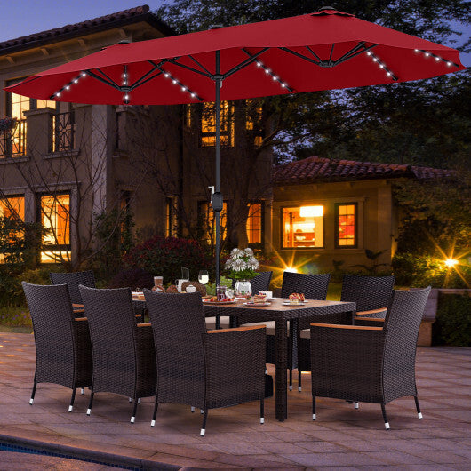 11 Pieces Patio Dining Set with 15 Feet Double-Sided Patio Umbrella and Base-Wine - Color: Wine