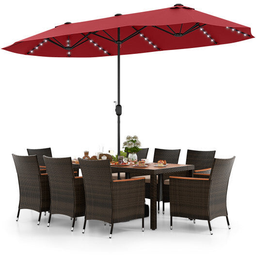 11 Pieces Patio Dining Set with 15 Feet Double-Sided Patio Umbrella and Base-Wine - Color: Wine