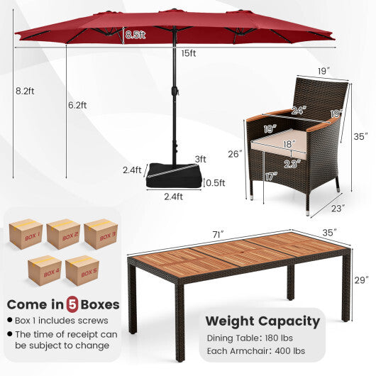 11 Pieces Patio Dining Set with 15 Feet Double-Sided Patio Umbrella and Base-Wine - Color: Wine