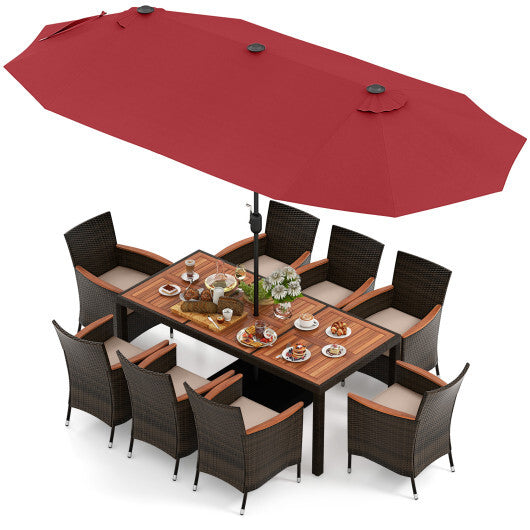 11 Pieces Patio Dining Set with 15 Feet Double-Sided Patio Umbrella and Base-Wine - Color: Wine