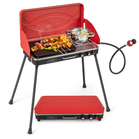 2-in-1 Gas Camping Grill and Stove with 4 Detachable Legs-Red - Color: Red