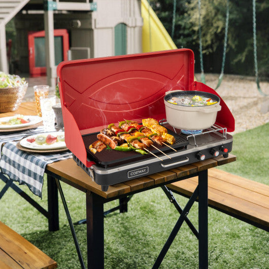 2-in-1 Gas Camping Grill and Stove with 4 Detachable Legs-Red - Color: Red