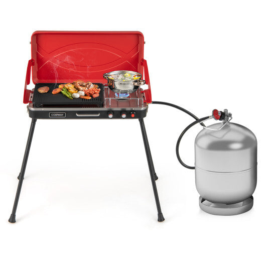 2-in-1 Gas Camping Grill and Stove with 4 Detachable Legs-Red - Color: Red