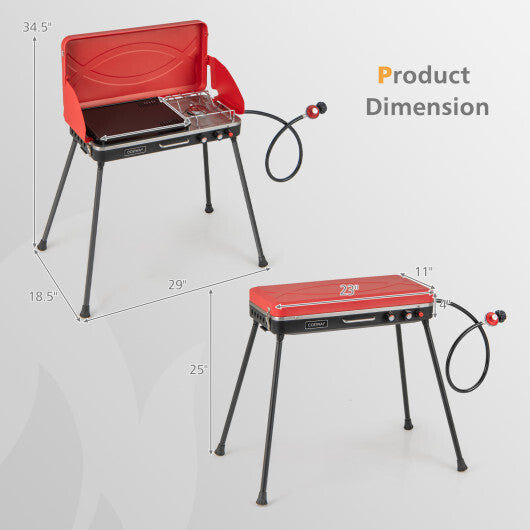 2-in-1 Gas Camping Grill and Stove with 4 Detachable Legs-Red - Color: Red