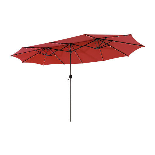 15 Feet Twin Patio Umbrella with 48 Solar LED Lights-Dark Red - Color: Dark Red - Size: 15 ft