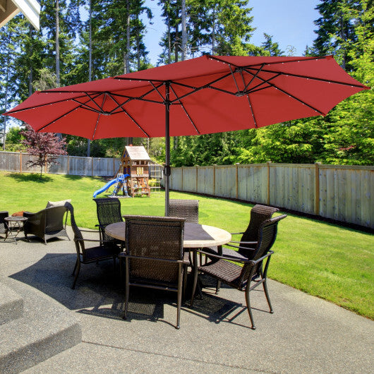 15 Feet Twin Patio Umbrella with 48 Solar LED Lights-Dark Red - Color: Dark Red - Size: 15 ft