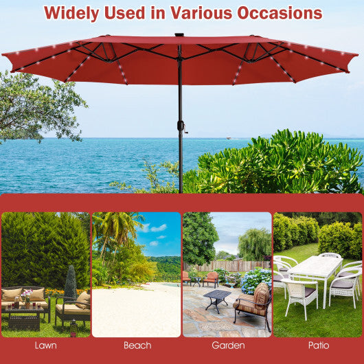 15 Feet Twin Patio Umbrella with 48 Solar LED Lights-Dark Red - Color: Dark Red - Size: 15 ft