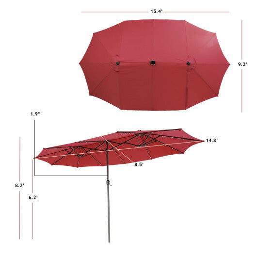 15 Feet Twin Patio Umbrella with 48 Solar LED Lights-Dark Red - Color: Dark Red - Size: 15 ft