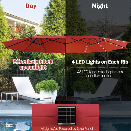 15 Feet Twin Patio Umbrella with 48 Solar LED Lights-Dark Red - Color: Dark Red - Size: 15 ft