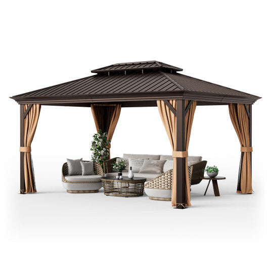 12' x 16' Double-Roof Hardtop Gazebo with Galvanized Steel Roof-Coffee - Color: Coffee