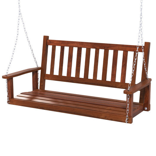 2-Person Wooden Outdoor Porch Swing with 500 lbs Weight Capacity-Brown - Color: Brown