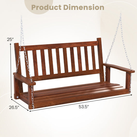 2-Person Wooden Outdoor Porch Swing with 500 lbs Weight Capacity-Brown - Color: Brown