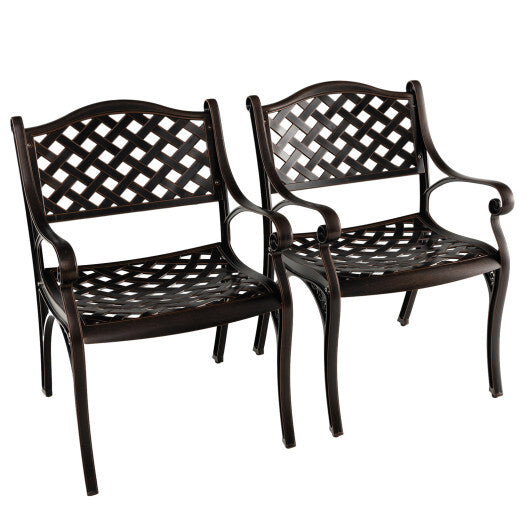 Cast Aluminum Patio Chairs Set of 2 Dining Chairs with Armrests Diamond Pattern-Bronze - Color: Bronze