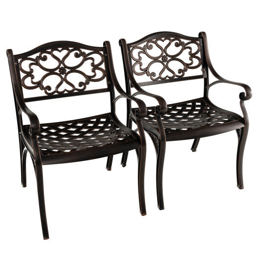 Cast Aluminum Dining Chairs Set of 2 with Patio Chairs Armrests Flower Pattern-Bronze - Color: Bronze