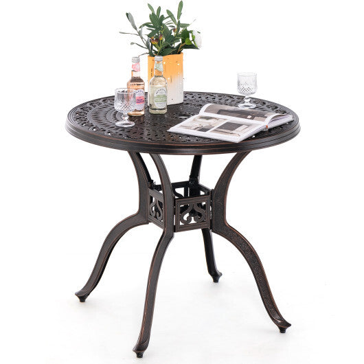 31.5 Inch Cast Aluminum Table Patio Round Dining Table with Umbrella Hole-Copper - Color: Copper