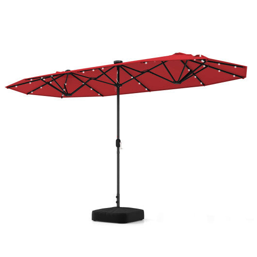 13FT Double-sided Patio Umbrella with Solar Lights for Garden Pool Backyard-Red - Color: Red