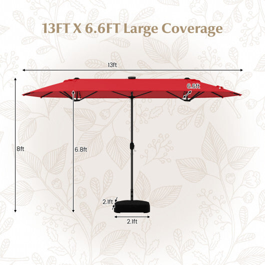 13FT Double-sided Patio Umbrella with Solar Lights for Garden Pool Backyard-Red - Color: Red