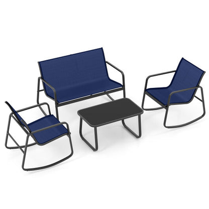 4 Piece Patio Rocking Set with Glass-Top Table-Navy - Color: Navy