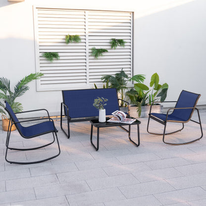 4 Piece Patio Rocking Set with Glass-Top Table-Navy - Color: Navy