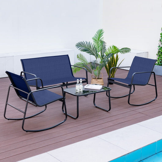 4 Piece Patio Rocking Set with Glass-Top Table-Navy - Color: Navy