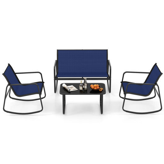 4 Piece Patio Rocking Set with Glass-Top Table-Navy - Color: Navy