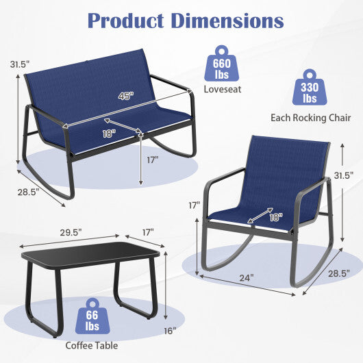 4 Piece Patio Rocking Set with Glass-Top Table-Navy - Color: Navy