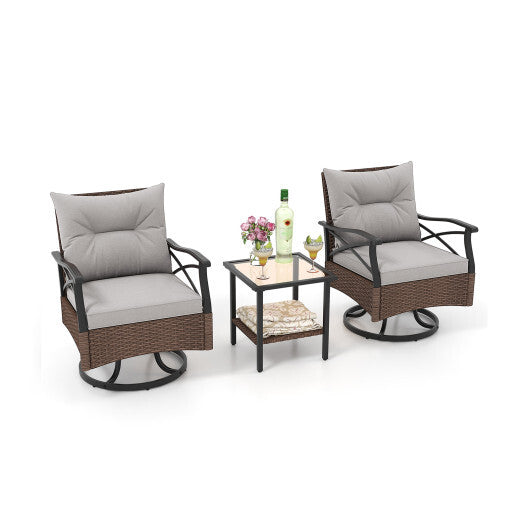 3 Pieces Outdoor Swivel Rocking Chairs Set with 2-Tier Tempered Glass Side Table-Brown - Color: Brown