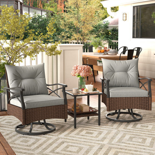 3 Pieces Outdoor Swivel Rocking Chairs Set with 2-Tier Tempered Glass Side Table-Brown - Color: Brown