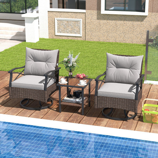 3 Pieces Outdoor Swivel Rocking Chairs Set with 2-Tier Tempered Glass Side Table-Brown - Color: Brown