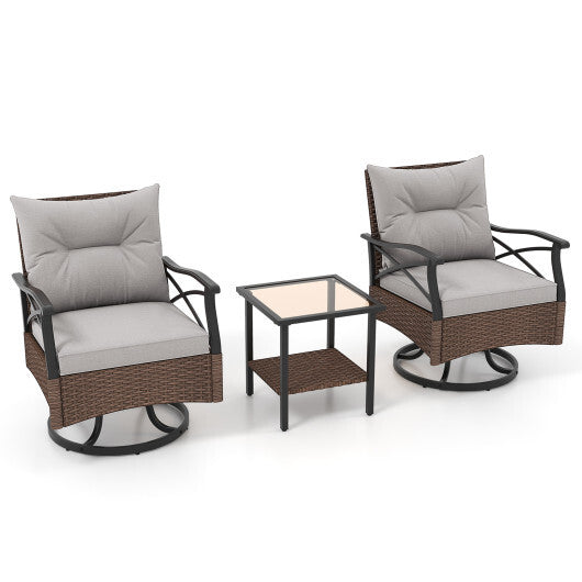 3 Pieces Outdoor Swivel Rocking Chairs Set with 2-Tier Tempered Glass Side Table-Brown - Color: Brown