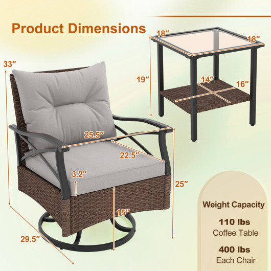 3 Pieces Outdoor Swivel Rocking Chairs Set with 2-Tier Tempered Glass Side Table-Brown - Color: Brown