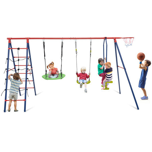 550 LBS 6-in-1 Patio Kids Swing Set with Climbing Net and Ladder-Red - Color: Red