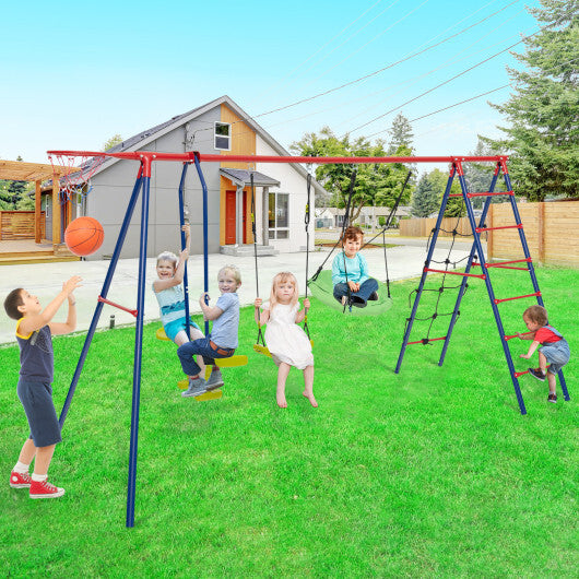 550 LBS 6-in-1 Patio Kids Swing Set with Climbing Net and Ladder-Red - Color: Red