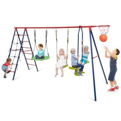 550 LBS 6-in-1 Patio Kids Swing Set with Climbing Net and Ladder-Red - Color: Red