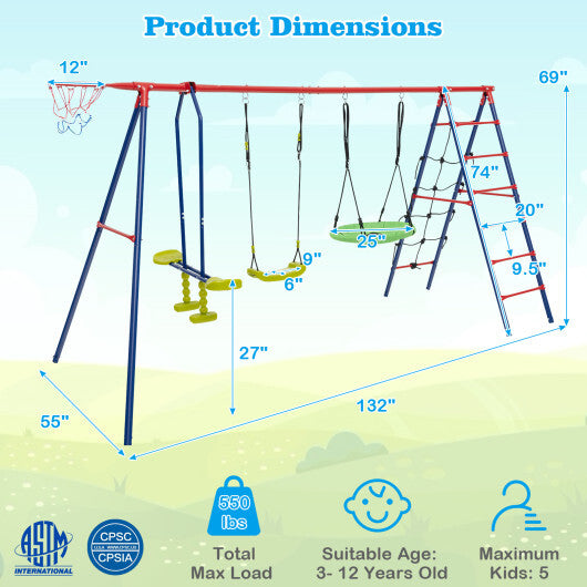 550 LBS 6-in-1 Patio Kids Swing Set with Climbing Net and Ladder-Red - Color: Red