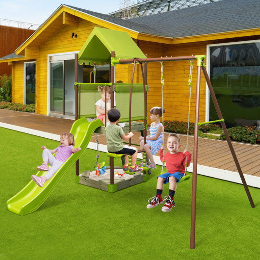 7-in-1 Kids Outdoor Metal Playset with Wave Slide and Climbing Rope-Green - Color: Green