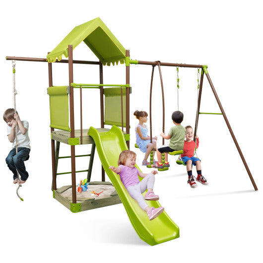 7-in-1 Kids Outdoor Metal Playset with Wave Slide and Climbing Rope-Green - Color: Green