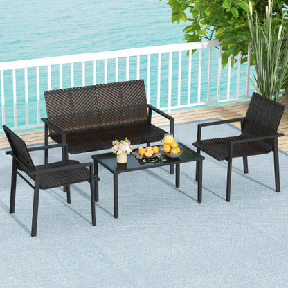 4 Pieces Patio Furniture Set with Heavy Duty Galvanized Metal Frame-Brown - Color: Brown