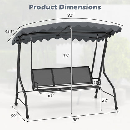 3-Seat Outdoor Porch Canopy Swing with Adjustable Shading-Gray - Color: Gray