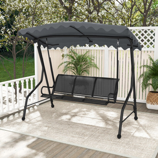 3-Seat Outdoor Porch Canopy Swing with Adjustable Shading-Gray - Color: Gray