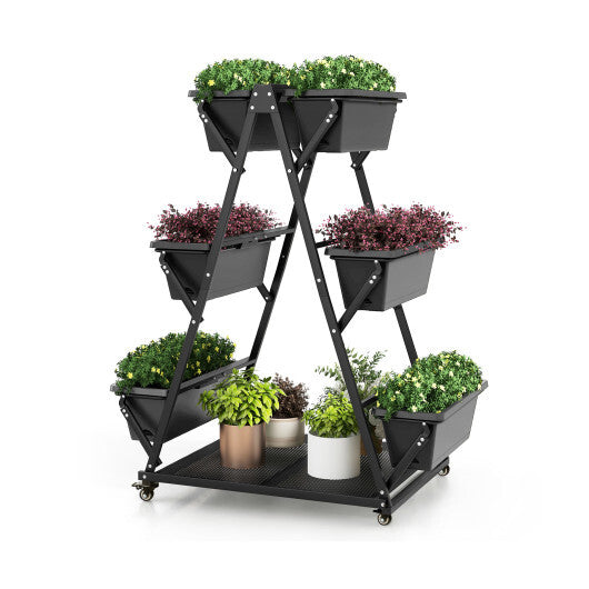 3-Tier Vertical Raised Garden Bed with 4 Wheels and 6 Container Boxes-Black - Color: Black - Size: 3-Tier